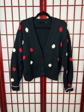 Vintage LizSport Black Red and White Polka Dot Twee Cozy Knit Cardigan Sweater